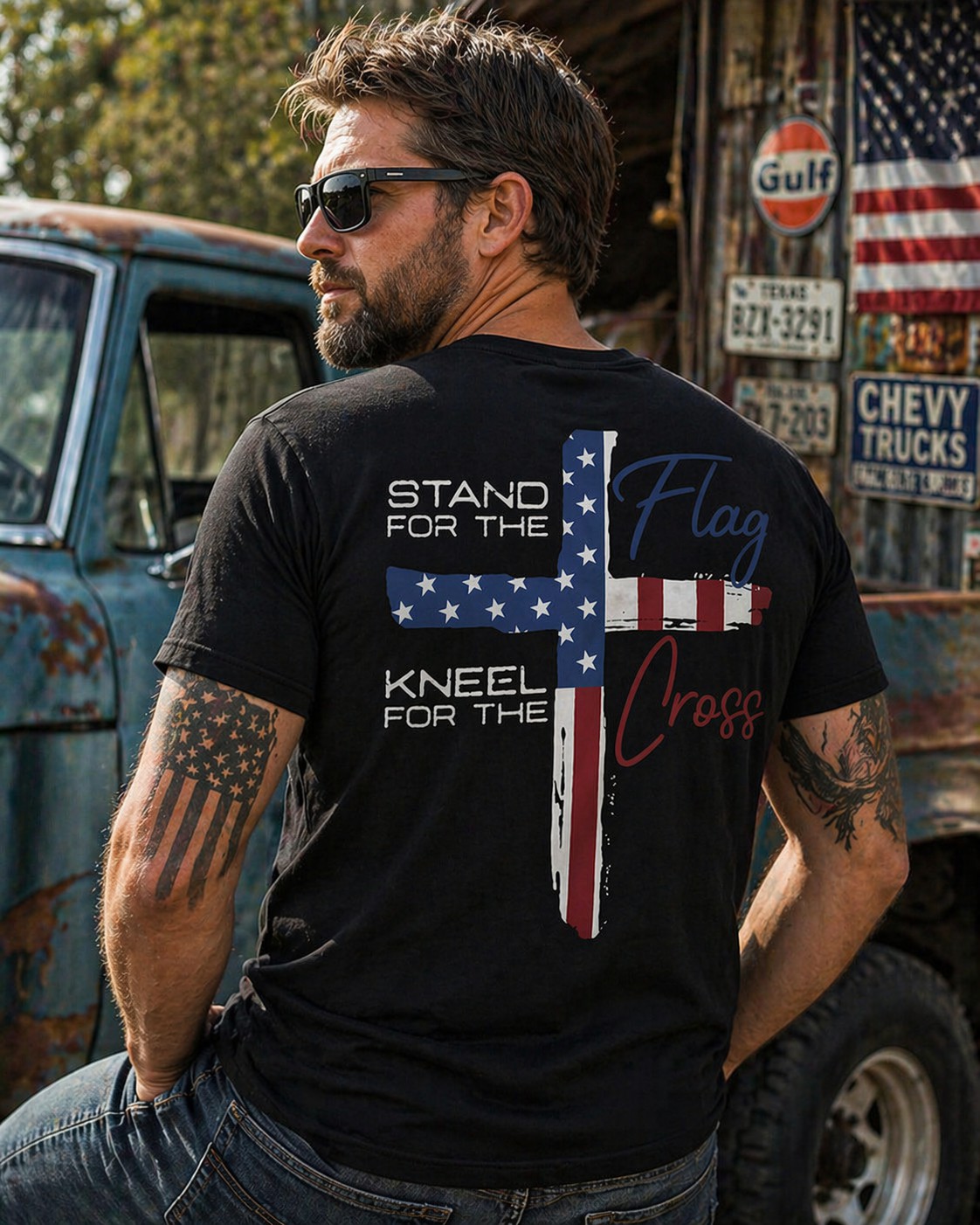 Christian Patriotic Graphic T-Shirt – Stand for the Flag Kneel for the Cross Tee
