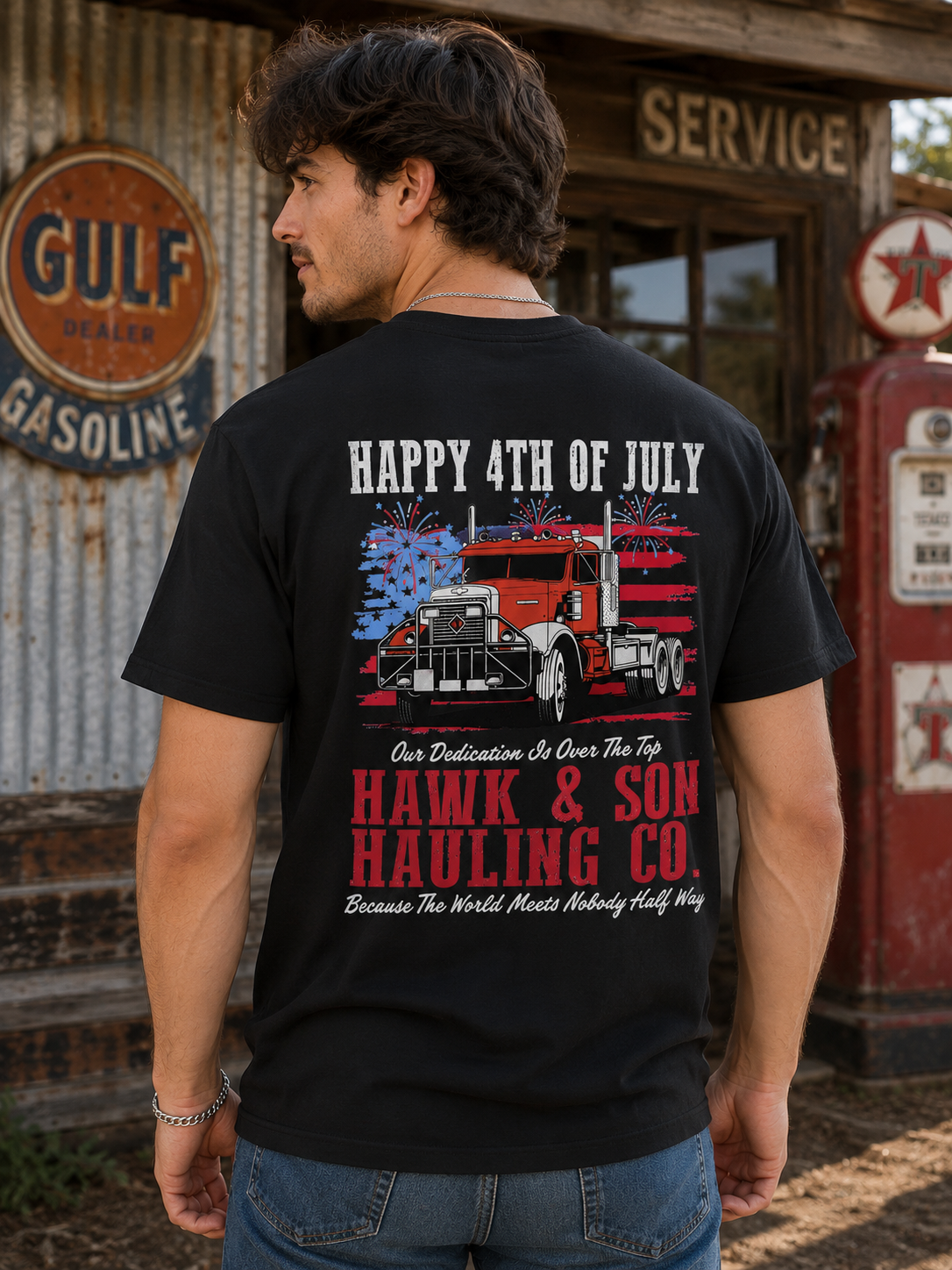Patriotic Big Rig Graphic T-Shirt – Vintage American Trucker Independence Day Tee