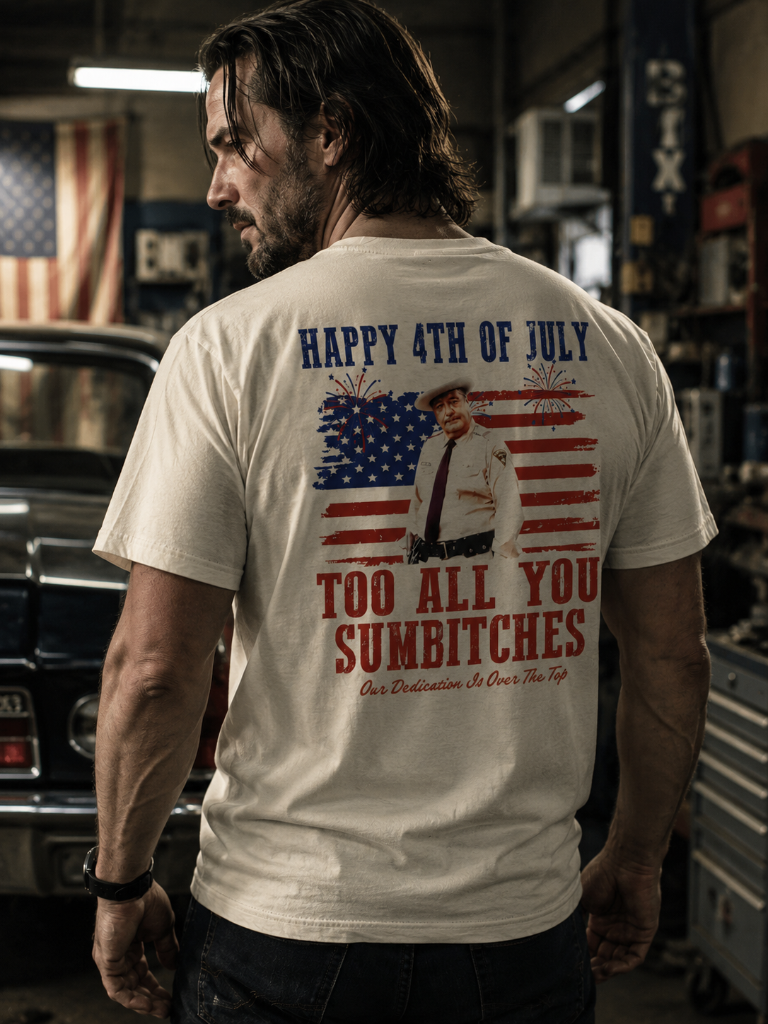 Retro Americana Sheriff Graphic T-Shirt – Patriotic Freedom Back Print Tee