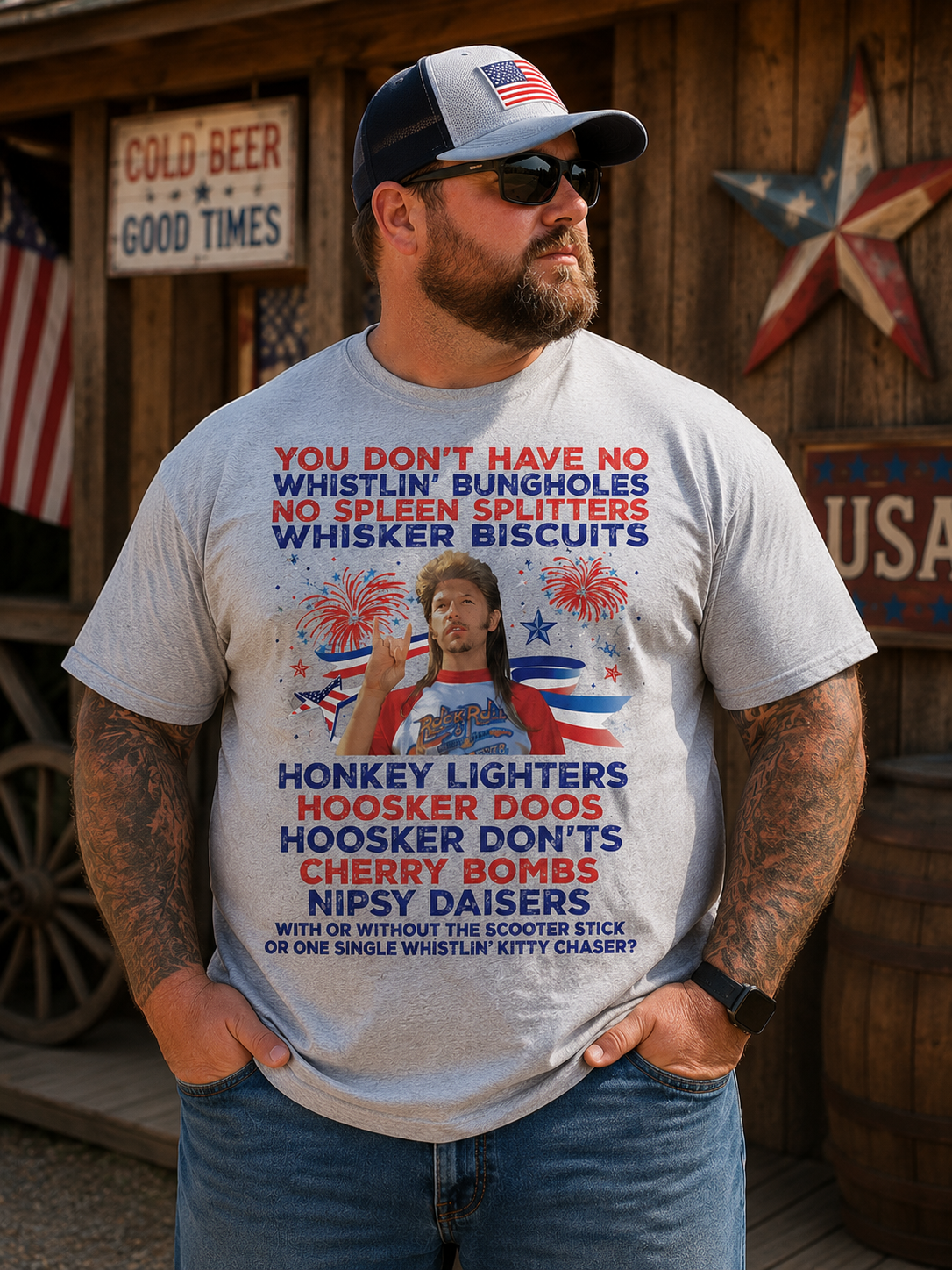 Fireworks & Country Humor Graphic T-Shirt – Vintage Americana Tee