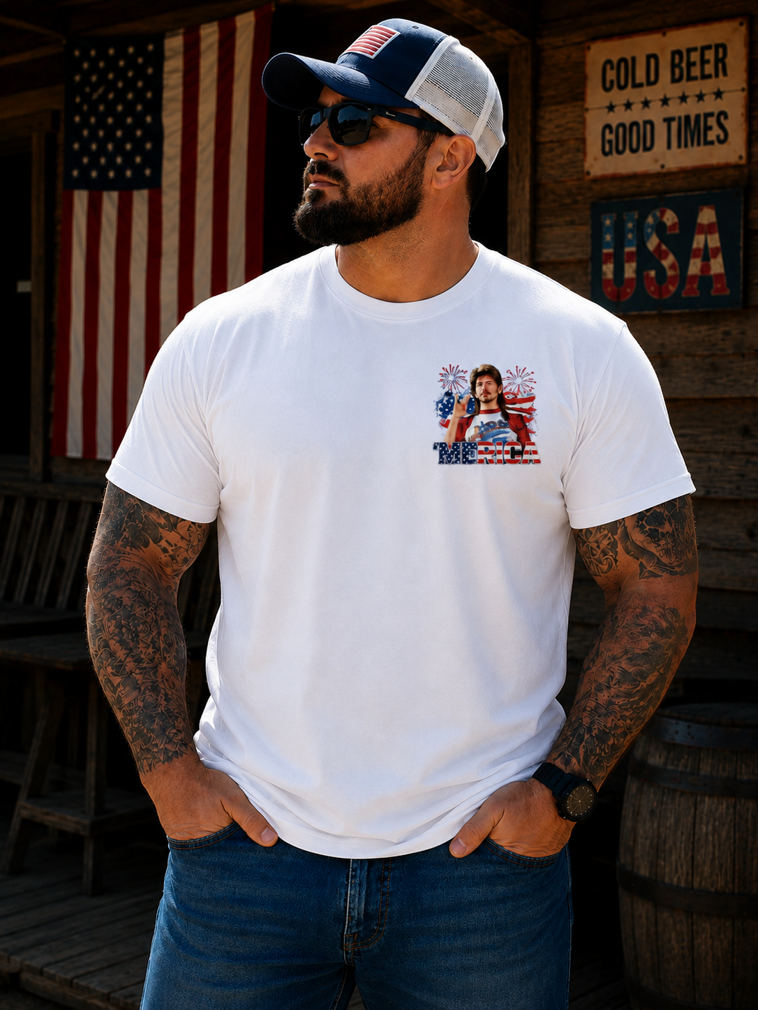 Red, White & Country Humor Graphic T-Shirt – Vintage Americana Tee