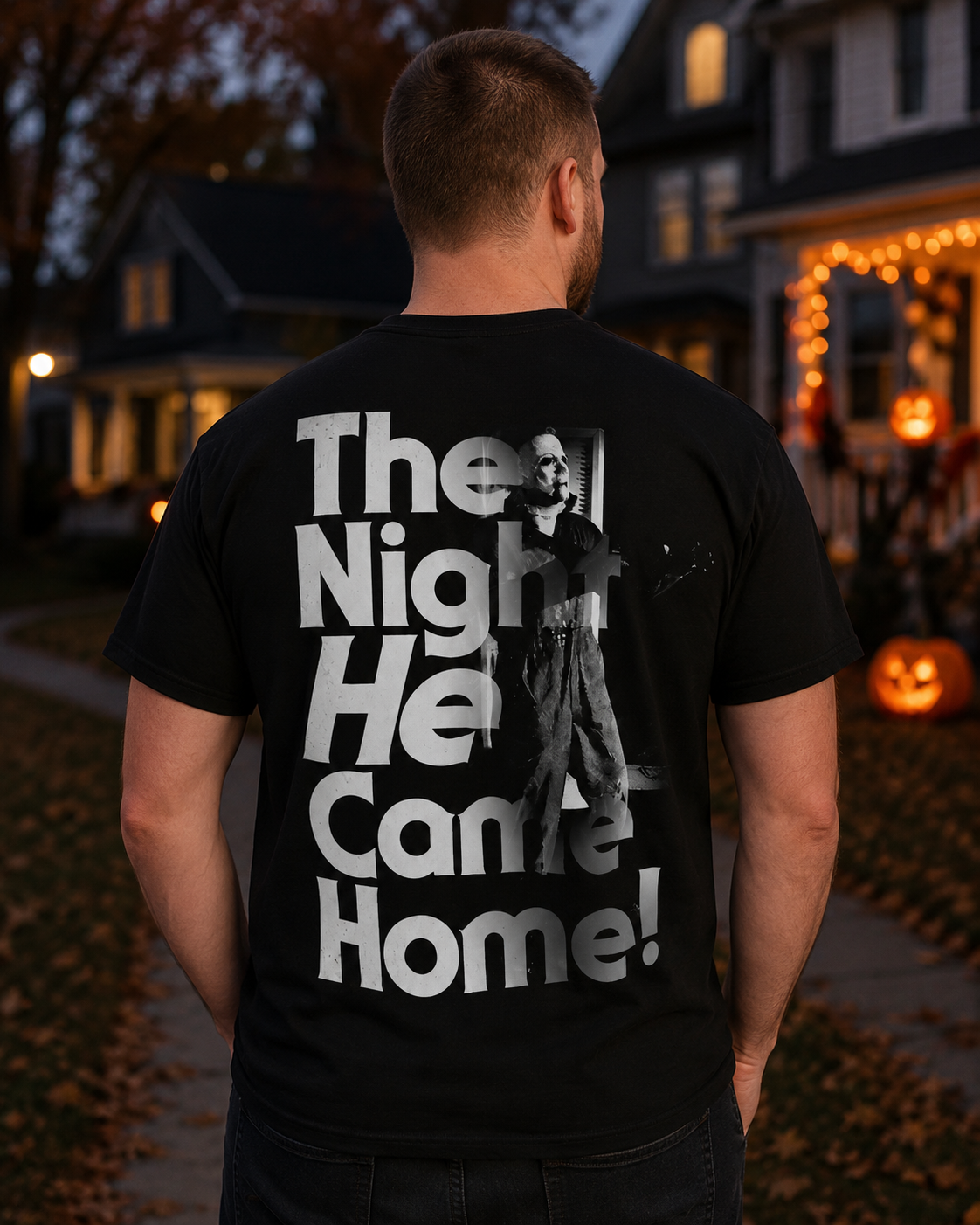 Halloween Horror Night Graphic T-Shirt – Vintage Slasher Inspired “The Night He Came Home” Tee