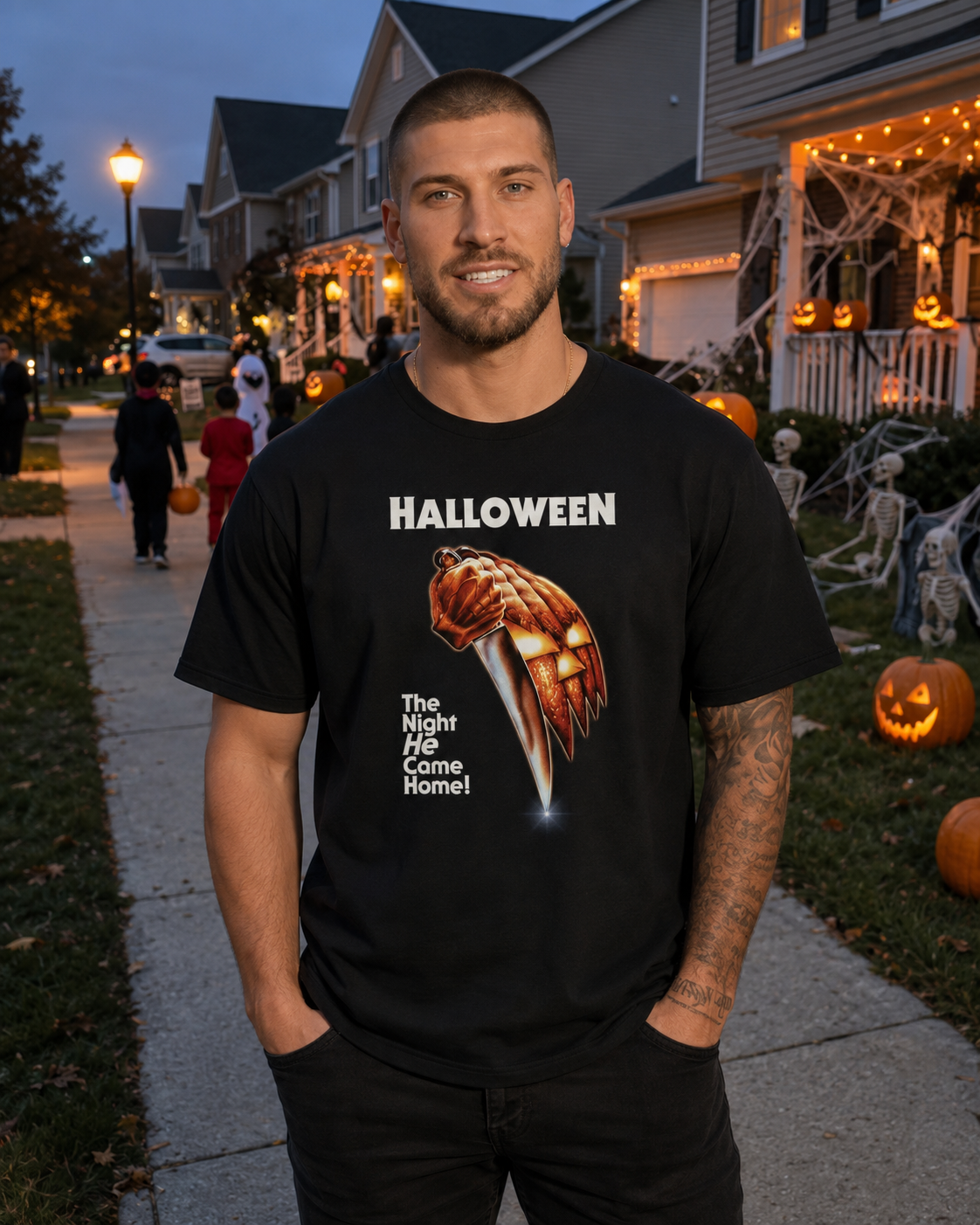 Halloween Horror Night Graphic T-Shirt – Vintage Slasher Inspired “The Night He Came Home” Tee