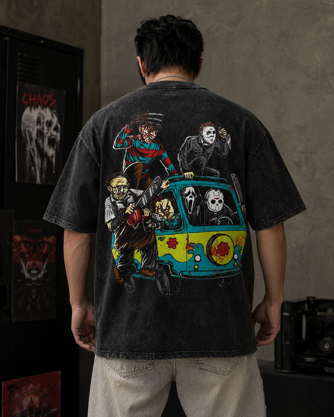 Vintage Horror Movie Graphic T-Shirt – Classic Slasher Inspired Washed Black Streetwear Tee
