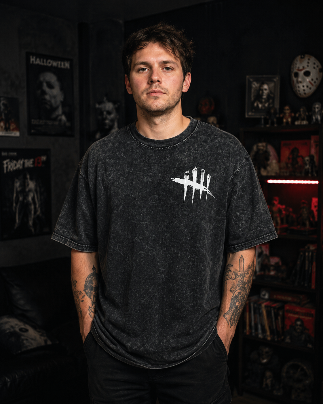 Vintage Horror Movie Graphic T-Shirt – Classic Slasher Inspired Washed Black Streetwear Tee