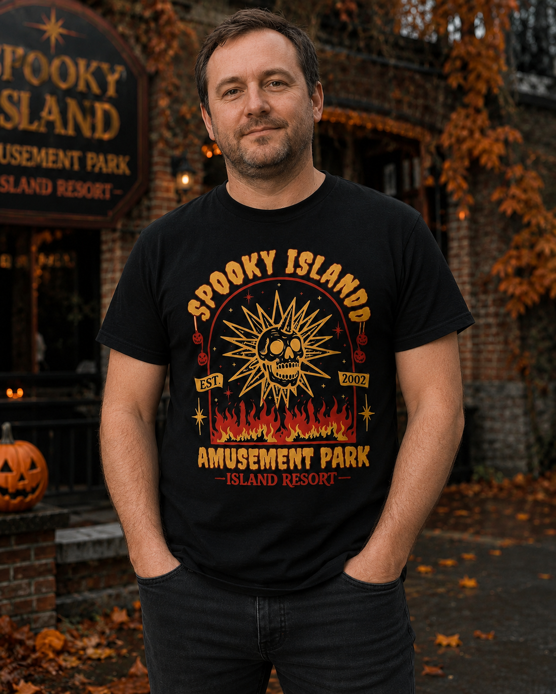 Spooky Island Amusement Park Graphic T-Shirt – Vintage Halloween Horror Inspired Tee