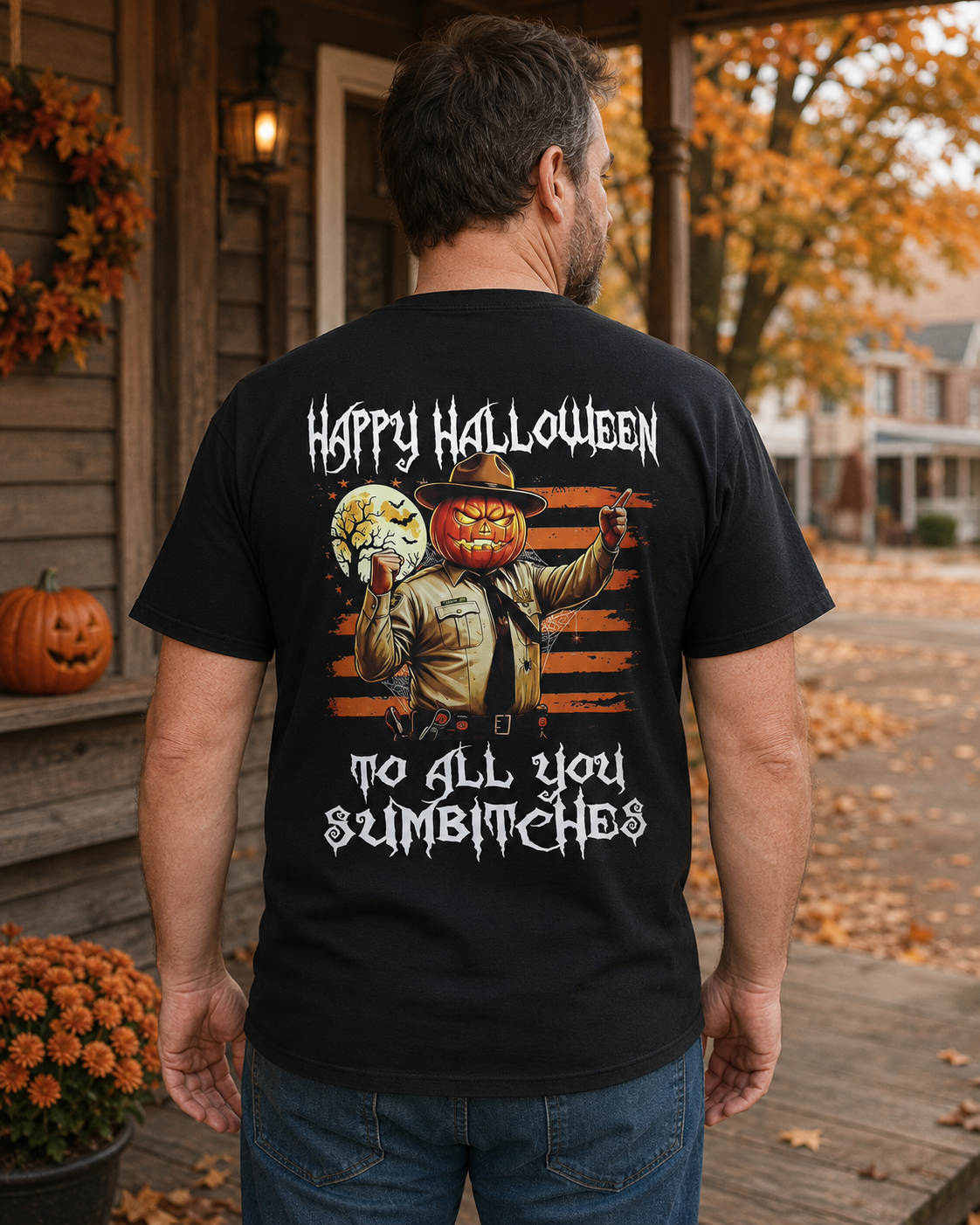 Vintage Halloween Pumpkin Sheriff Graphic T-Shirt – Spooky Horror Inspired Back Print Streetwear Tee