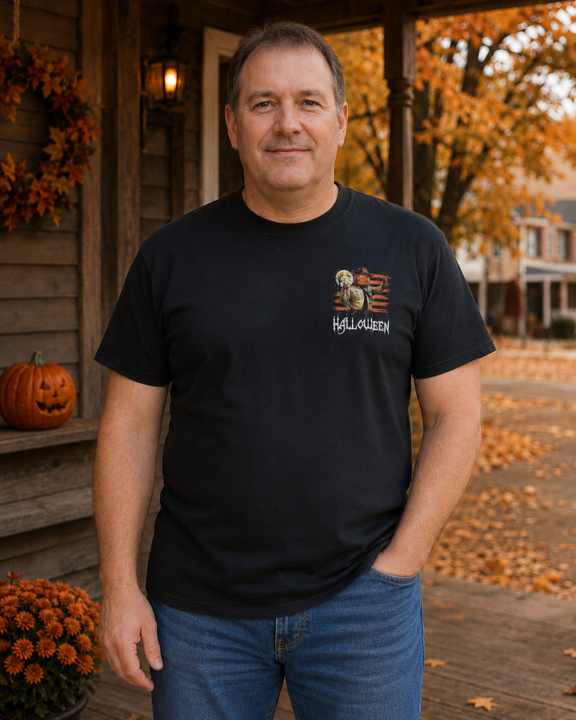 Vintage Halloween Pumpkin Sheriff Graphic T-Shirt – Spooky Horror Inspired Back Print Streetwear Tee