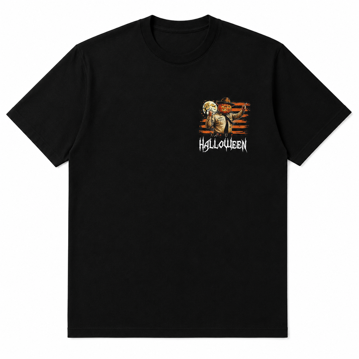 Vintage Halloween Pumpkin Sheriff Graphic T-Shirt – Spooky Horror Inspired Back Print Streetwear Tee