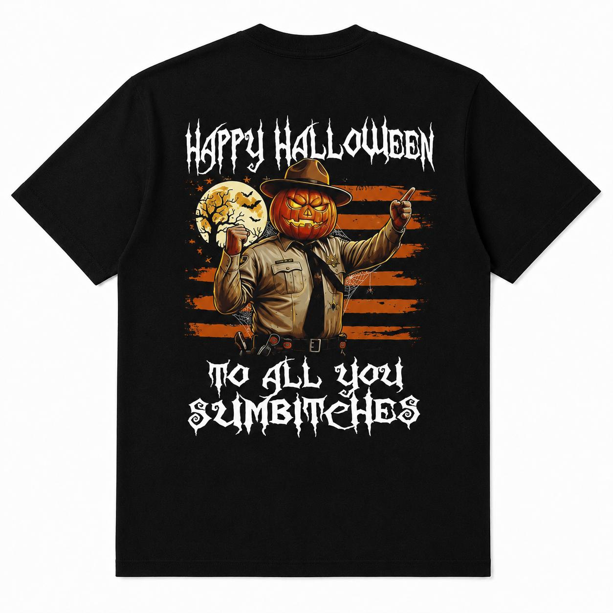 Vintage Halloween Pumpkin Sheriff Graphic T-Shirt – Spooky Horror Inspired Back Print Streetwear Tee