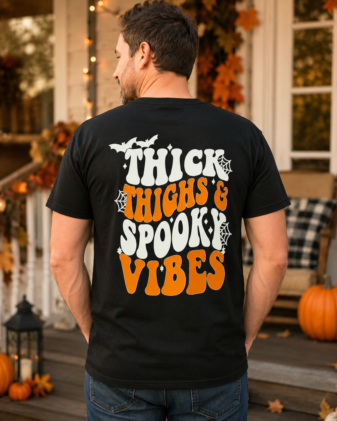 Thick Thighs & Spooky Vibes Graphic T-Shirt – Funny Halloween Skeleton Hand Back Print Streetwear Tee