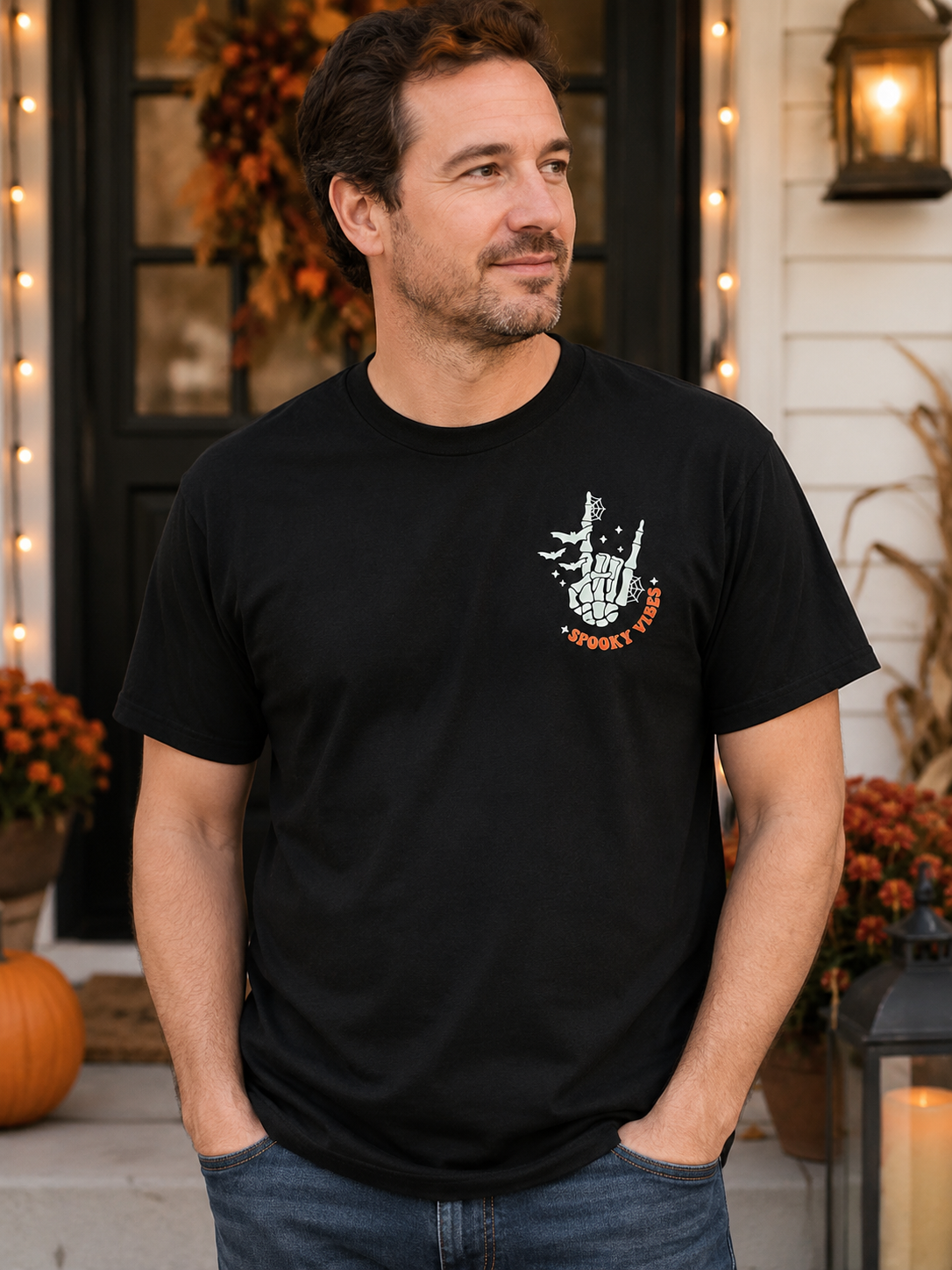 Thick Thighs & Spooky Vibes Graphic T-Shirt – Funny Halloween Skeleton Hand Back Print Streetwear Tee