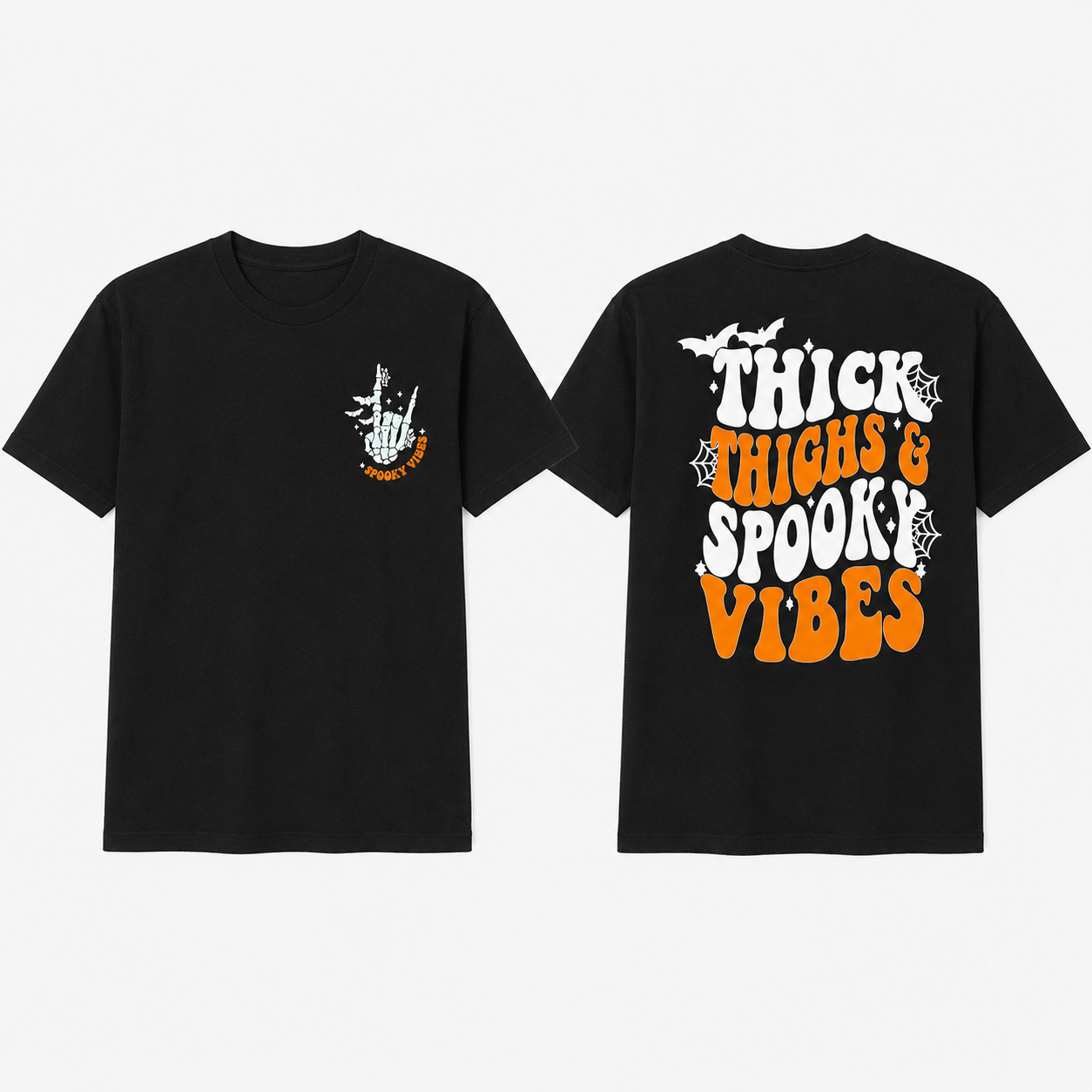 Thick Thighs & Spooky Vibes Graphic T-Shirt – Funny Halloween Skeleton Hand Back Print Streetwear Tee