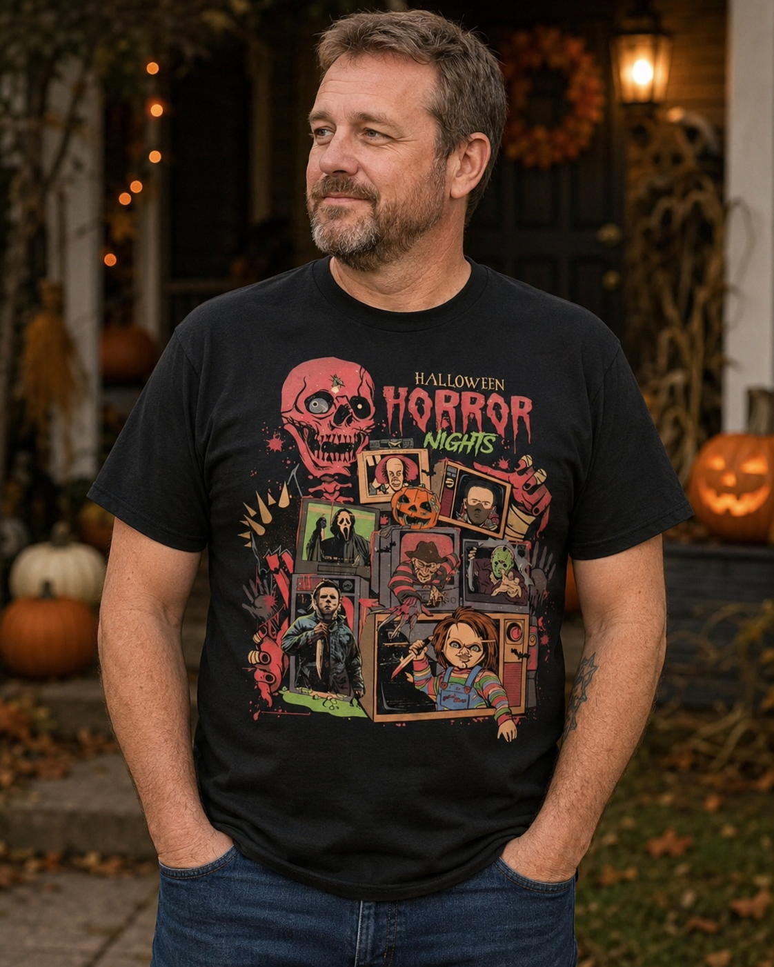 Halloween Horror Nights Graphic T-Shirt – Vintage Horror Movie Inspired Black Streetwear Tee