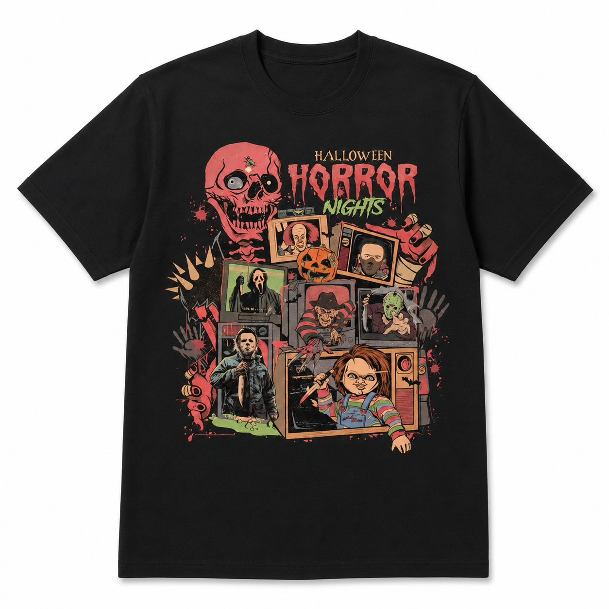Halloween Horror Nights Graphic T-Shirt – Vintage Horror Movie Inspired Black Streetwear Tee