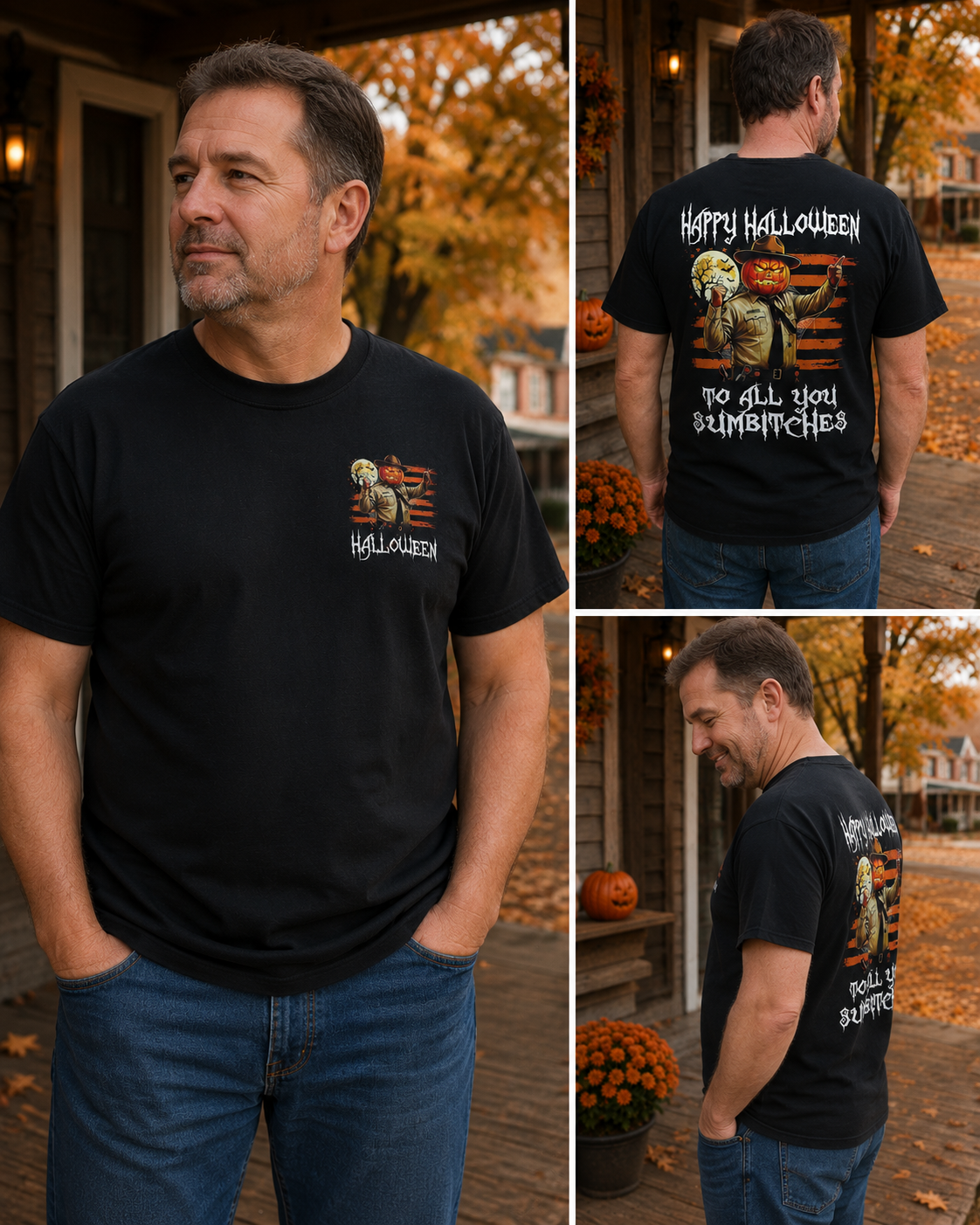 Vintage Halloween Pumpkin Sheriff Graphic T-Shirt – Spooky Horror Inspired Back Print Streetwear Tee