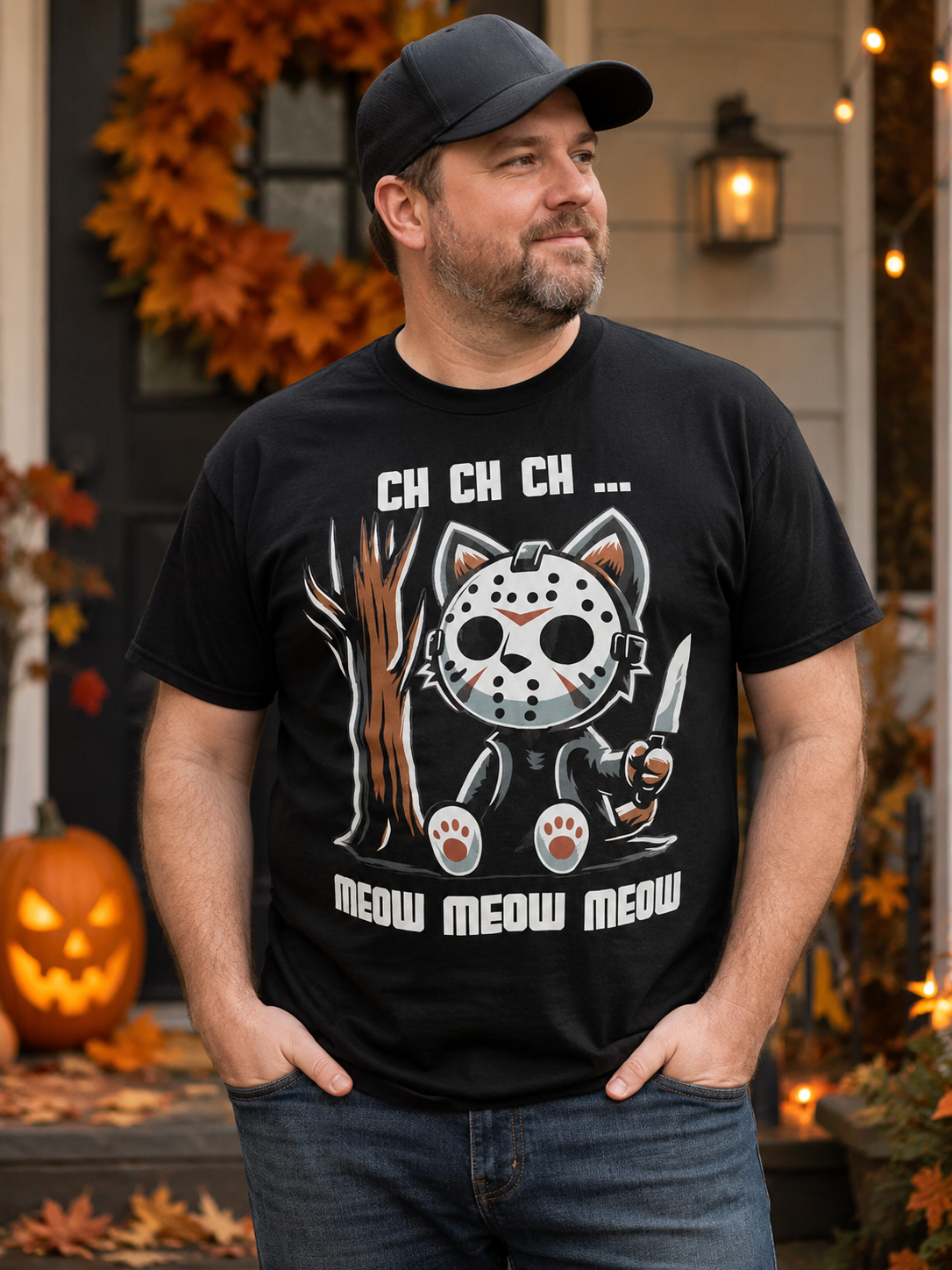 Vintage Halloween Cat Horror Graphic T-Shirt – Funny Spooky Meow Meow Black Streetwear Tee