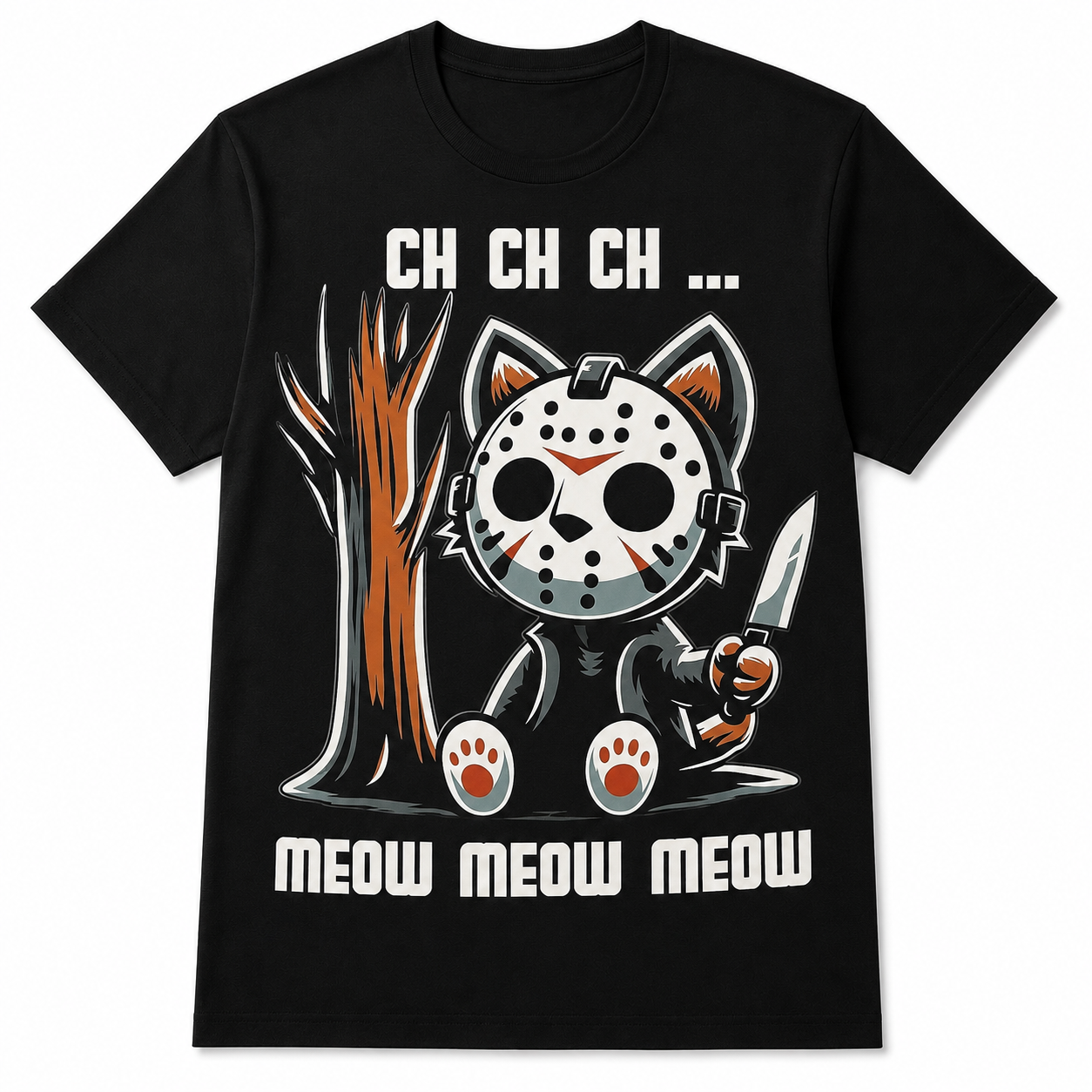 Vintage Halloween Cat Horror Graphic T-Shirt – Funny Spooky Meow Meow Black Streetwear Tee