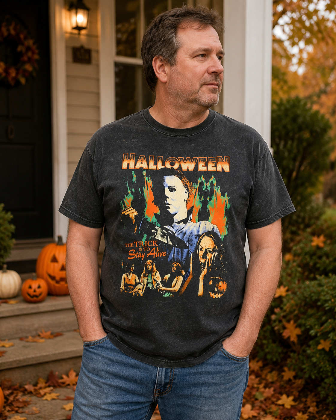 Vintage Halloween Horror Graphic T-Shirt – Classic Slasher Inspired Spooky Season Black Tee
