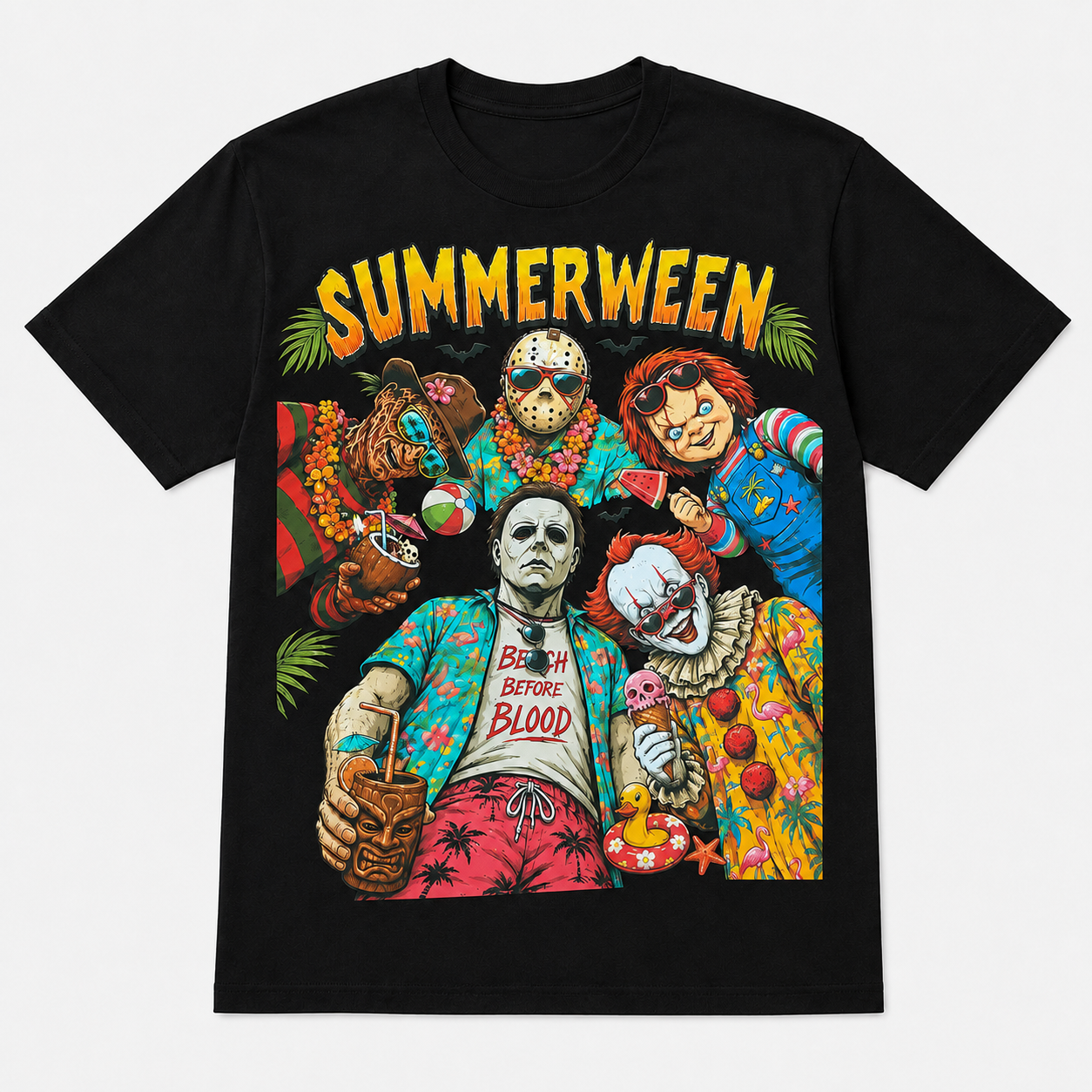 Summerween Horror Graphic T-Shirt – Vintage Halloween Black Tee with Spooky Character Collage Design