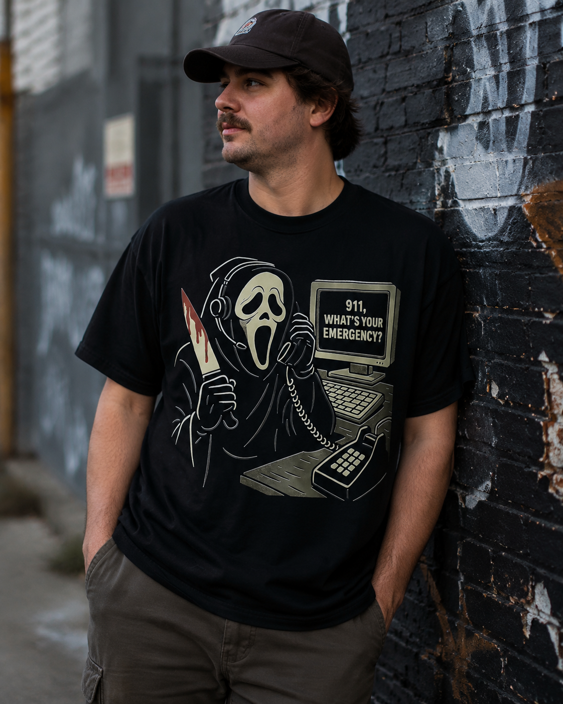 Vintage Horror Emergency Graphic T-Shirt – Spooky Retro Halloween Inspired Black Tee