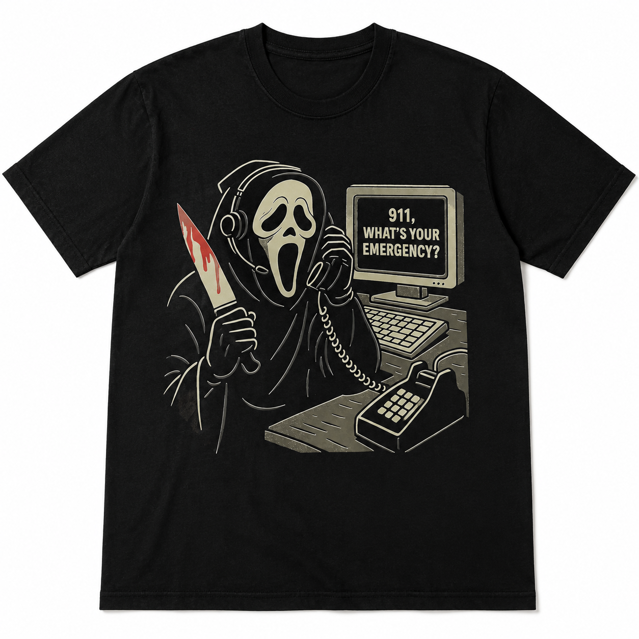 Vintage Horror Emergency Graphic T-Shirt – Spooky Retro Halloween Inspired Black Tee