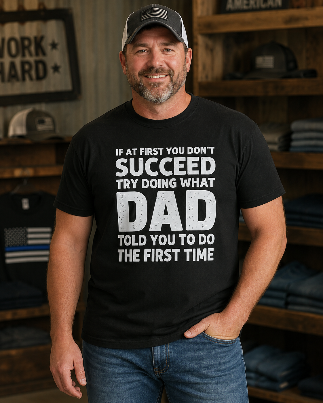 Funny Dad Quote Graphic T-Shirt – “If At First You Don’t Succeed, Ask Dad” Vintage Father Humor Tee