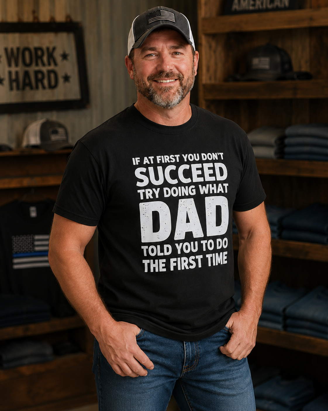 Funny Dad Quote Graphic T-Shirt – “If At First You Don’t Succeed, Ask Dad” Vintage Father Humor Tee