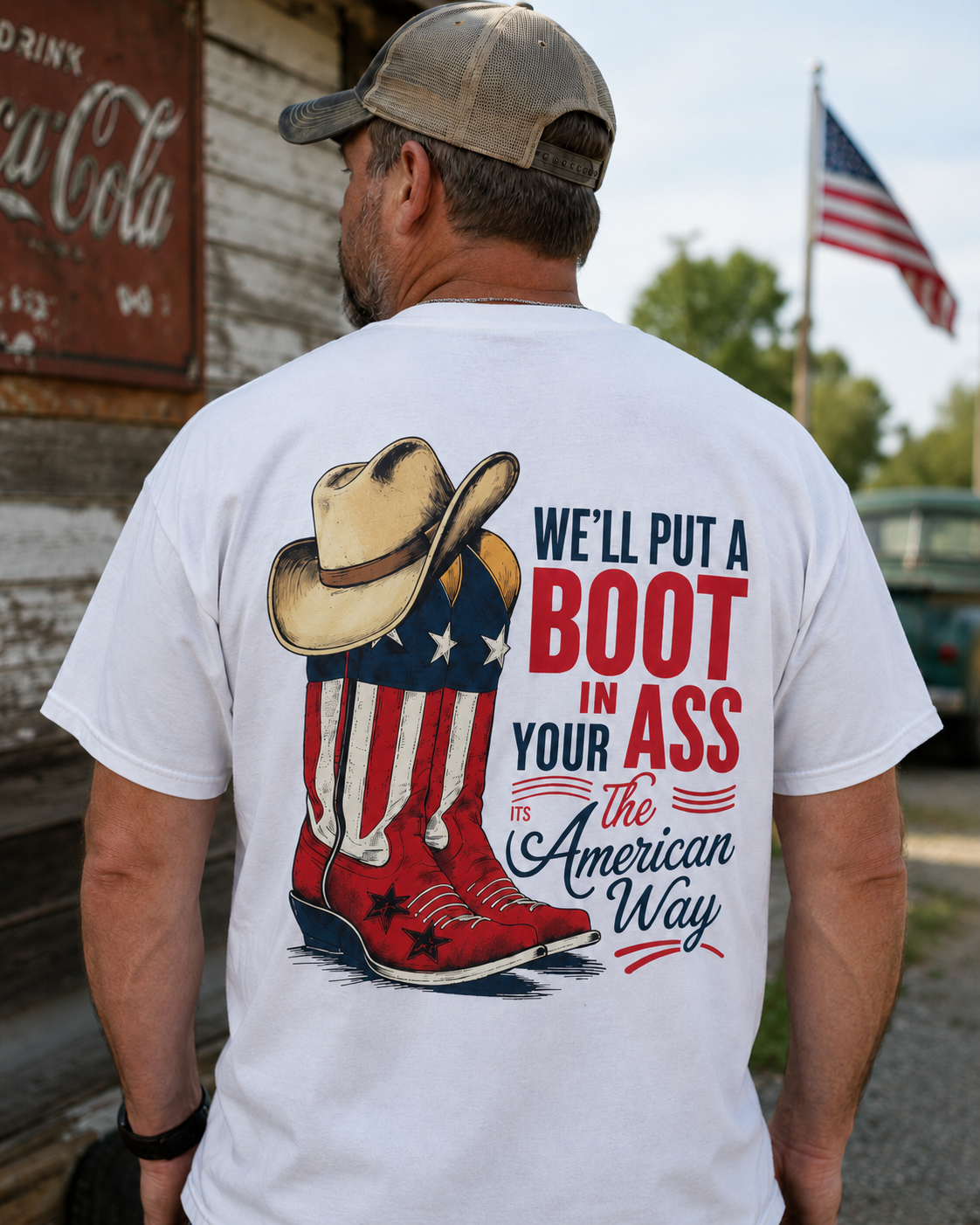 Vintage Americana Red White & Blue Graphic Tee – Retro Western Country Style Left Chest T-Shirt