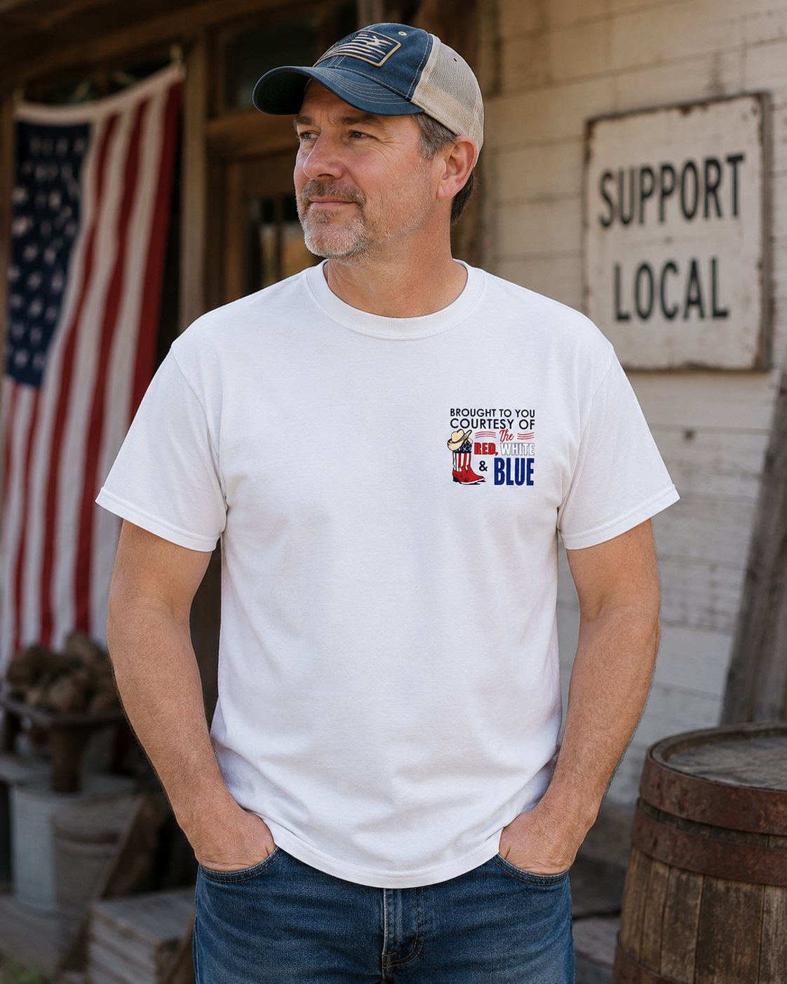 Vintage Americana Red White & Blue Graphic Tee – Retro Western Country Style Left Chest T-Shirt