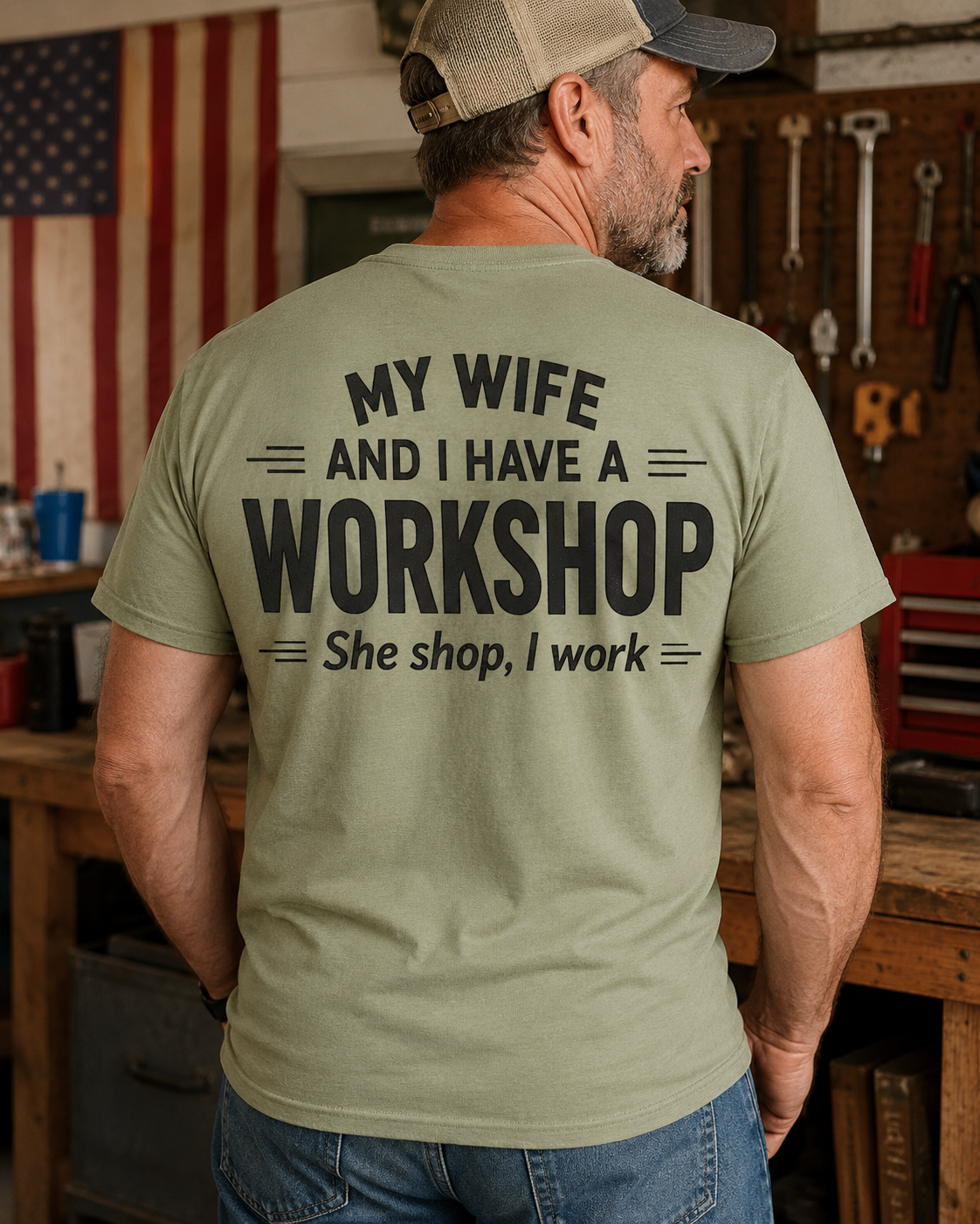 Funny Husband Workshop T-Shirt – Vintage Garage Humor Graphic Tee for DIY Dads & Handyman Men