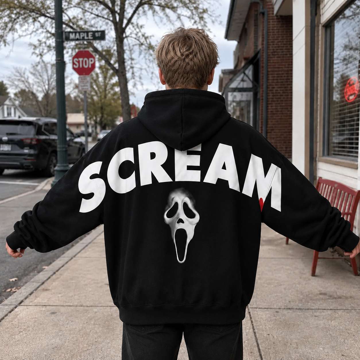 Retro 90's Funny Ghostface Scream Shoulder-to-Shoulder Back Lettering Sweatshirt Hoodie