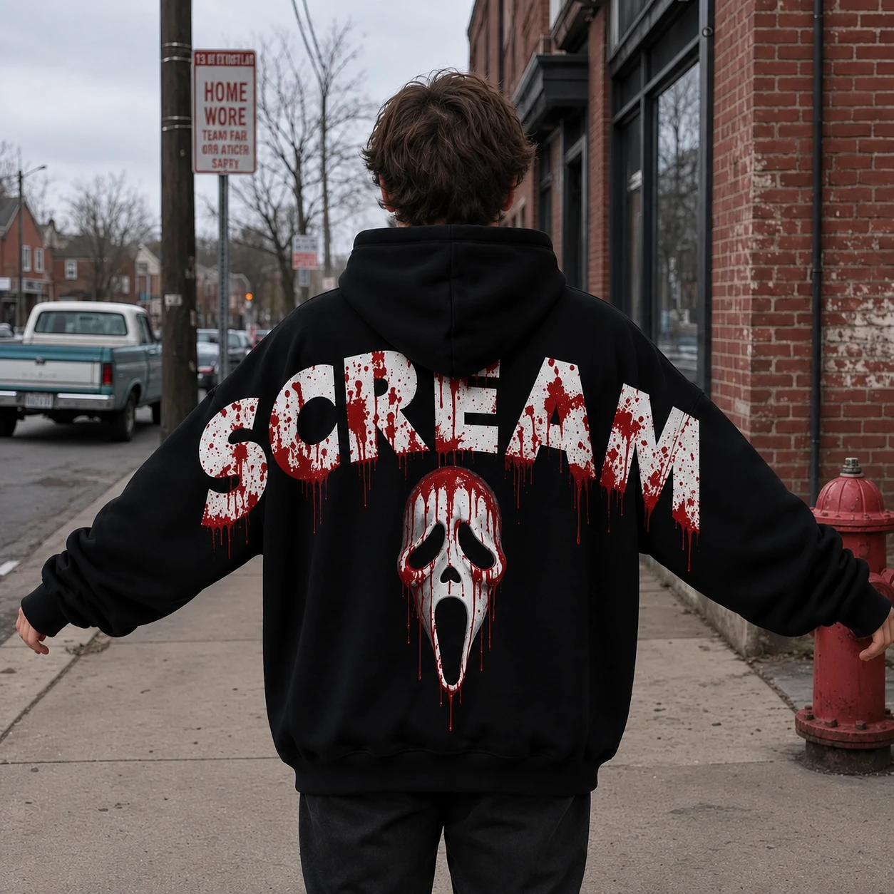 Retro 90's Funny Ghostface Scream Shoulder-to-Shoulder Back Lettering Sweatshirt Hoodie-B
