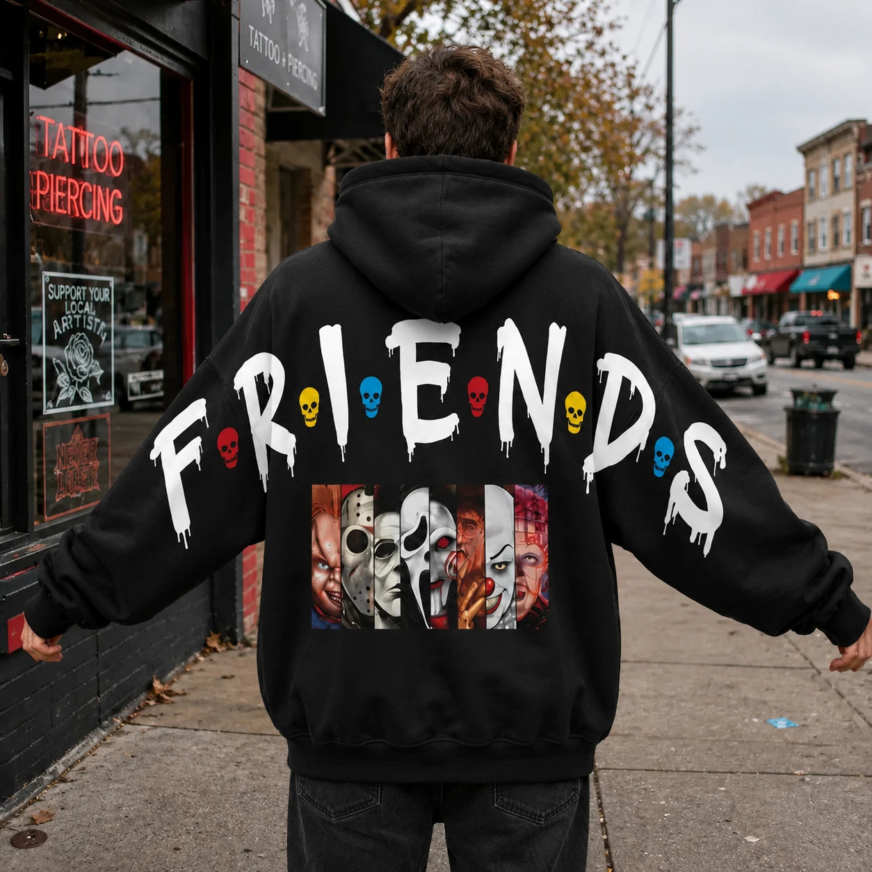 Retro 90's Funny Ghostface Scream Shoulder-to-Shoulder Back Lettering Sweatshirt Hoodie-C