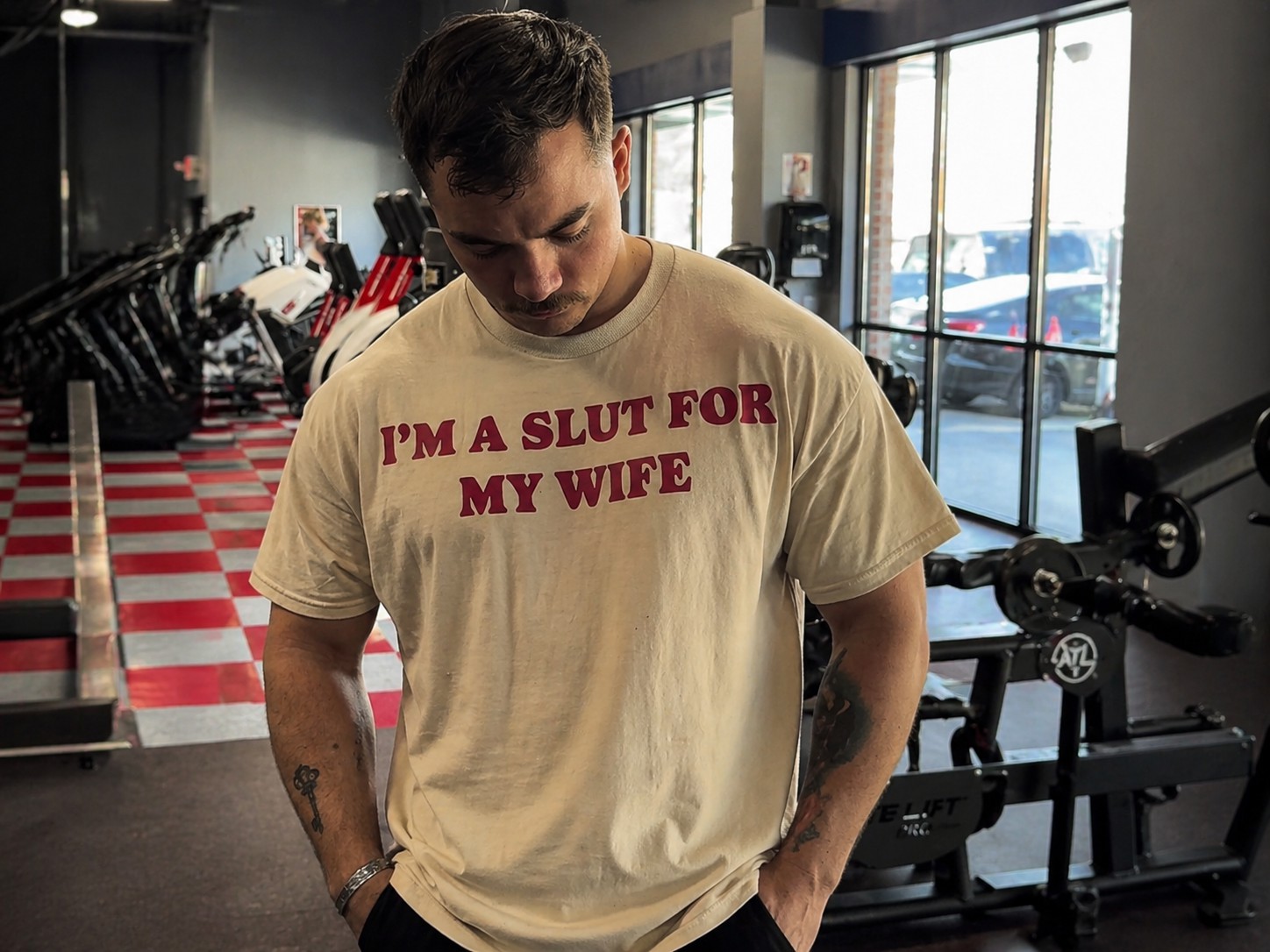 Funny Husband Graphic Men's T-Shirt – I'm A Slut For My Wife Casual Gym Style Statement Tee