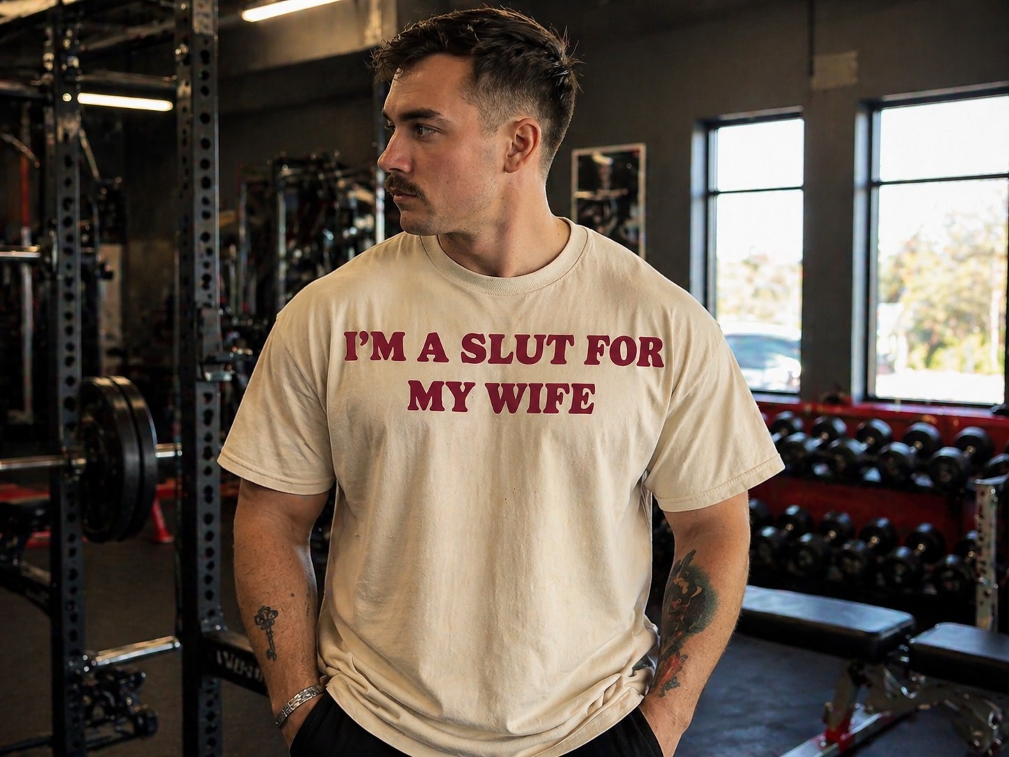 Funny Husband Graphic Men's T-Shirt – I'm A Slut For My Wife Casual Gym Style Statement Tee