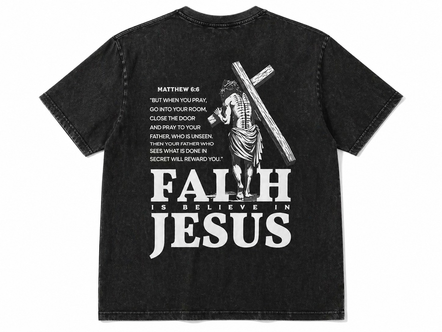 Vintage Christian Faith Graphic Men's T-Shirt – Faith Is Believe In Jesus Washed Black Casual Streetwear Tee