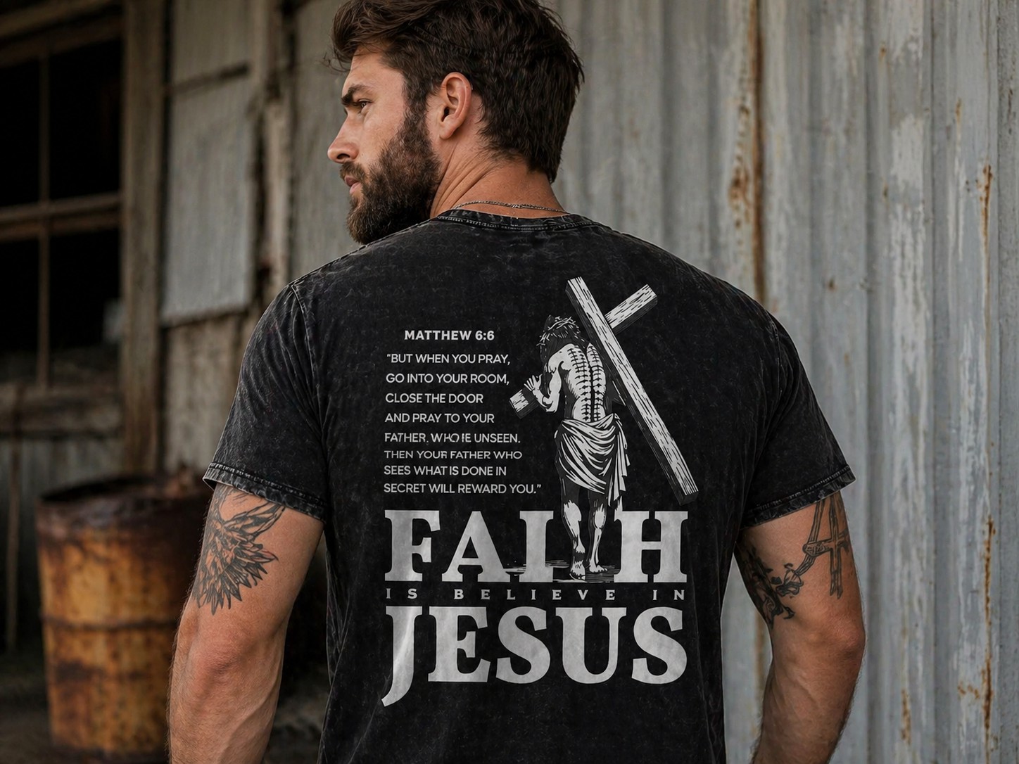 Vintage Christian Faith Graphic Men's T-Shirt – Faith Is Believe In Jesus Washed Black Casual Streetwear Tee