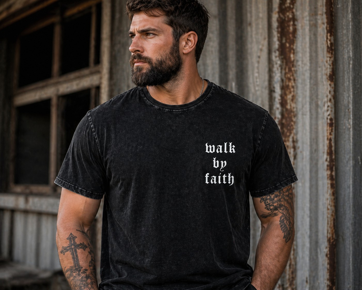Vintage Christian Faith Graphic Men's T-Shirt – Walk By Faith Washed Black Casual Streetwear Tee