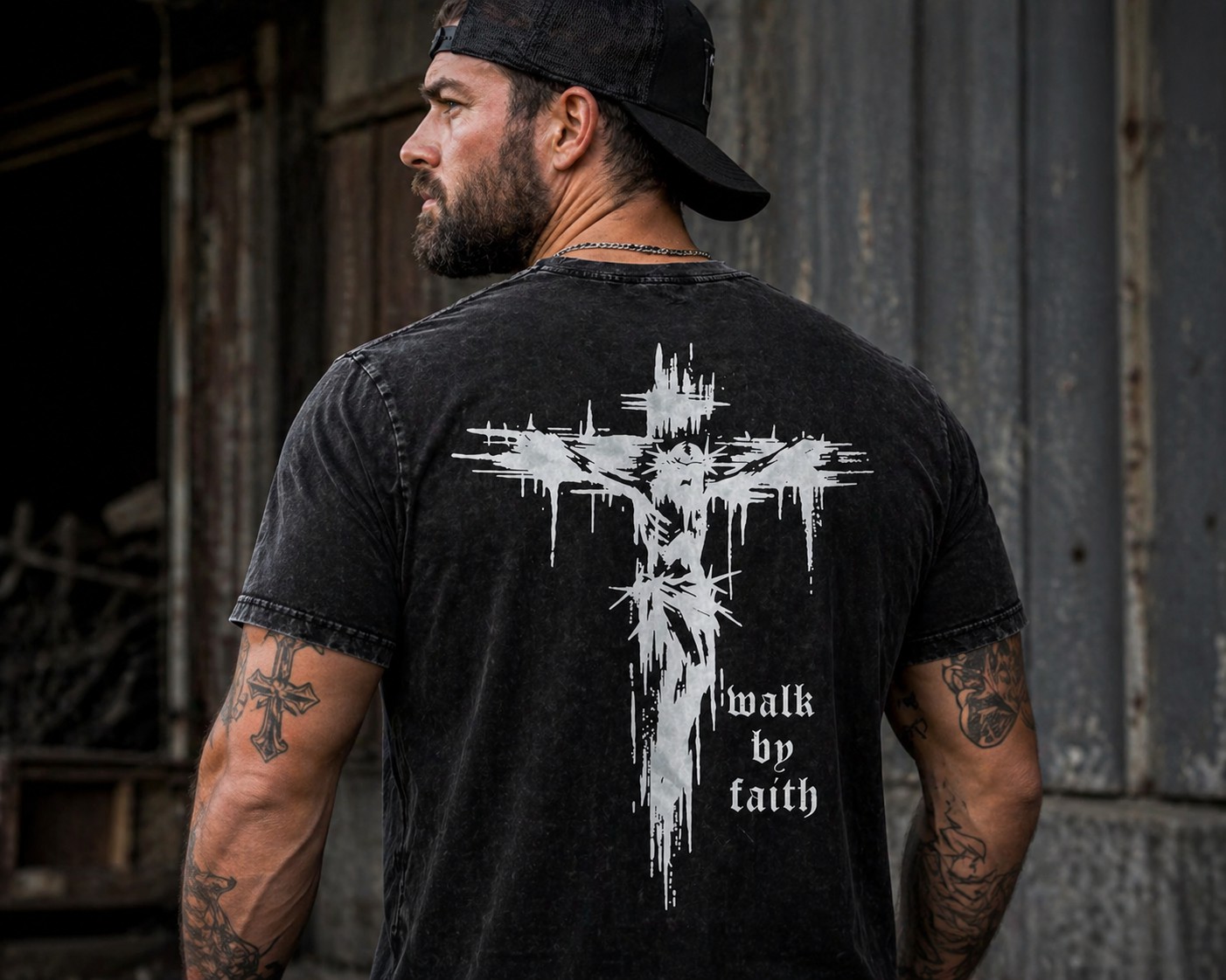 Vintage Christian Faith Graphic Men's T-Shirt – Walk By Faith Washed Black Casual Streetwear Tee