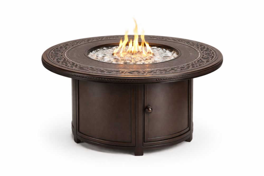 Table de feu ronde en fer brun avec gravures décoratives, diamètre 120 cm