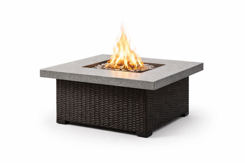 Table de feu de jardin en résine tressée et pierre avec foyer intégré