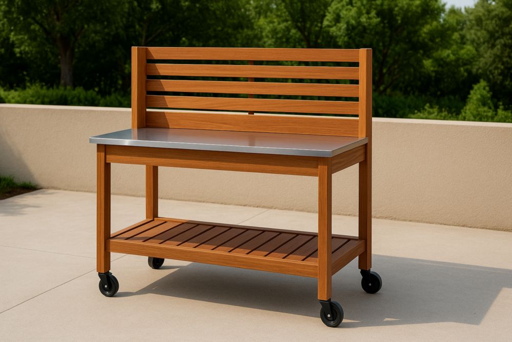 Table de jardin en bois avec plateau en acier inoxydable