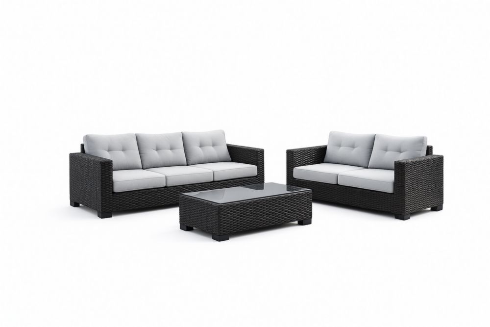 Ensemble de salon de jardin en résine tressée noir avec coussins gris