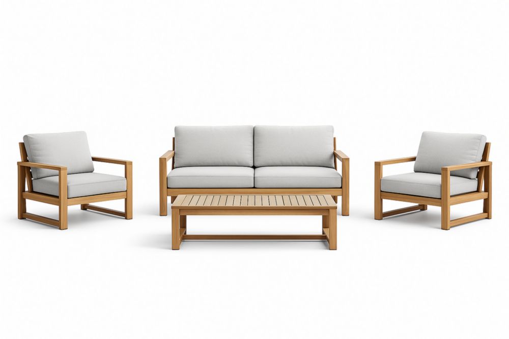 Set de mobilier d'extérieur en bois et coussins gris