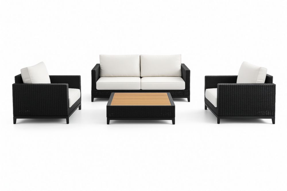 Salon de Jardin en Résine Tressée Noir avec Coussins Blancs