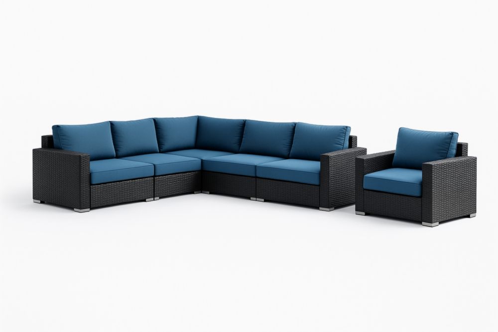 Ensemble de salon en résine tressée avec coussins en polyester bleu