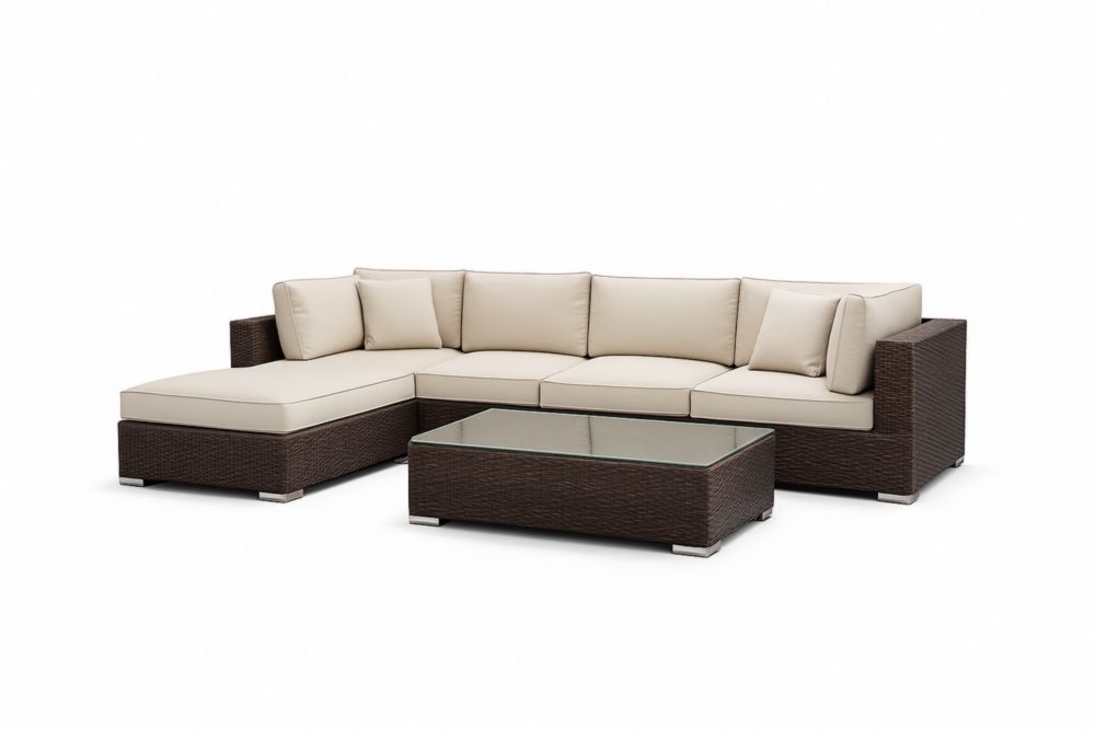Ensemble canapé d'angle en résine tressée et coussins beiges