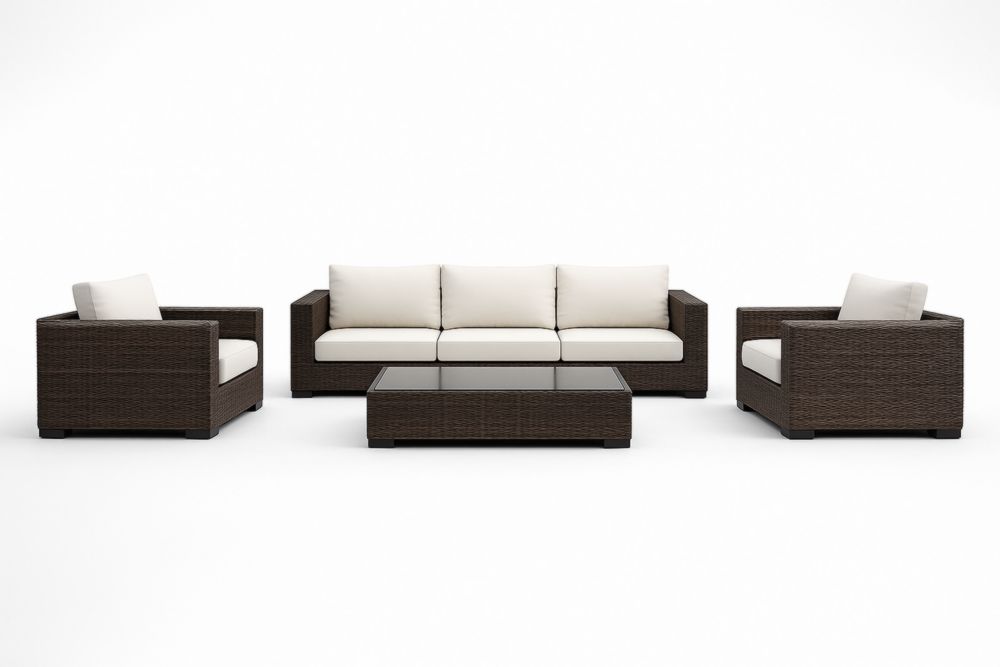 Ensemble de Salon de Jardin en Résine Tressée Marron avec Coussins Blancs et Table Basse en Verre Trempé