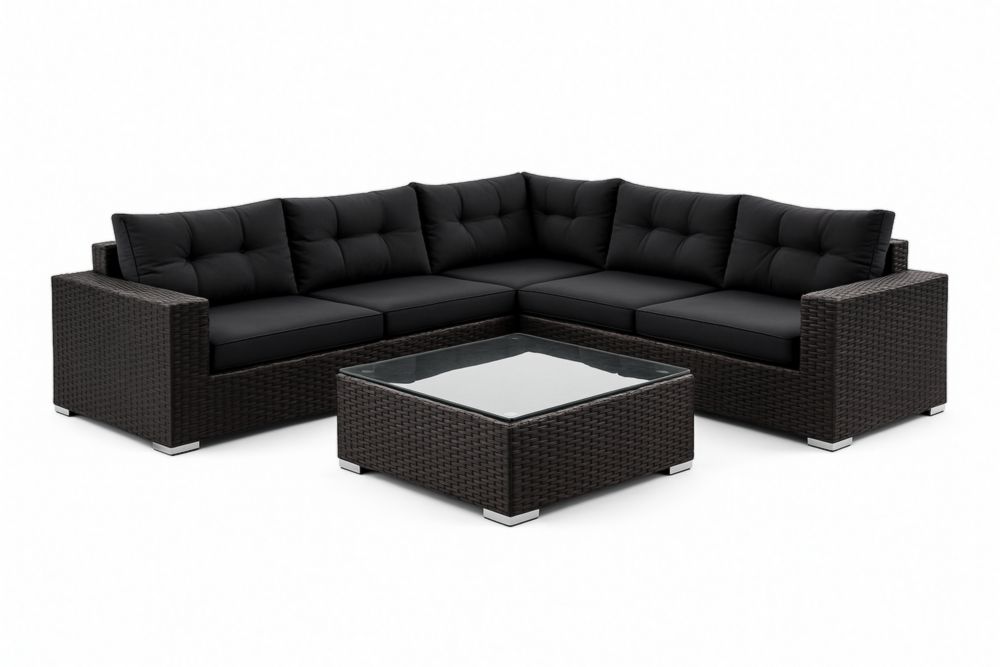 Ensemble canapé d'angle en résine tressée et verre trempé, Marron/Noir